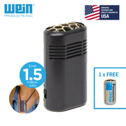 AirSupply AS150MM Personal Ionic Air Purifier with an image of a woman wearing it around her neck and a Panasonic battery which would be included for free